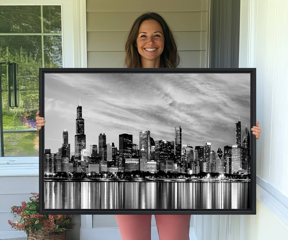 Chicago City Cloudy Skyline Black and White Wall Art