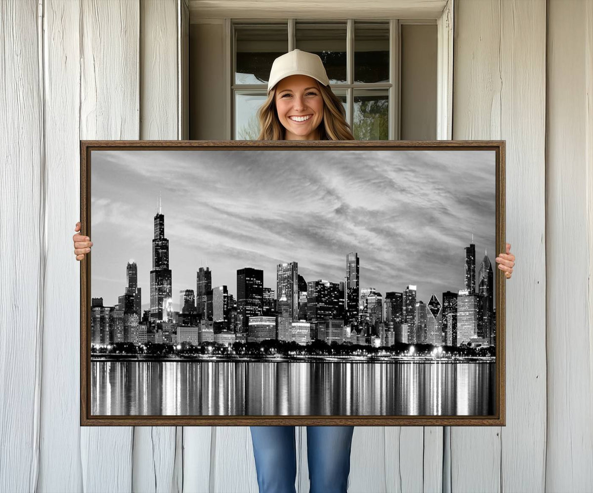 Chicago City Cloudy Skyline Black and White Wall Art