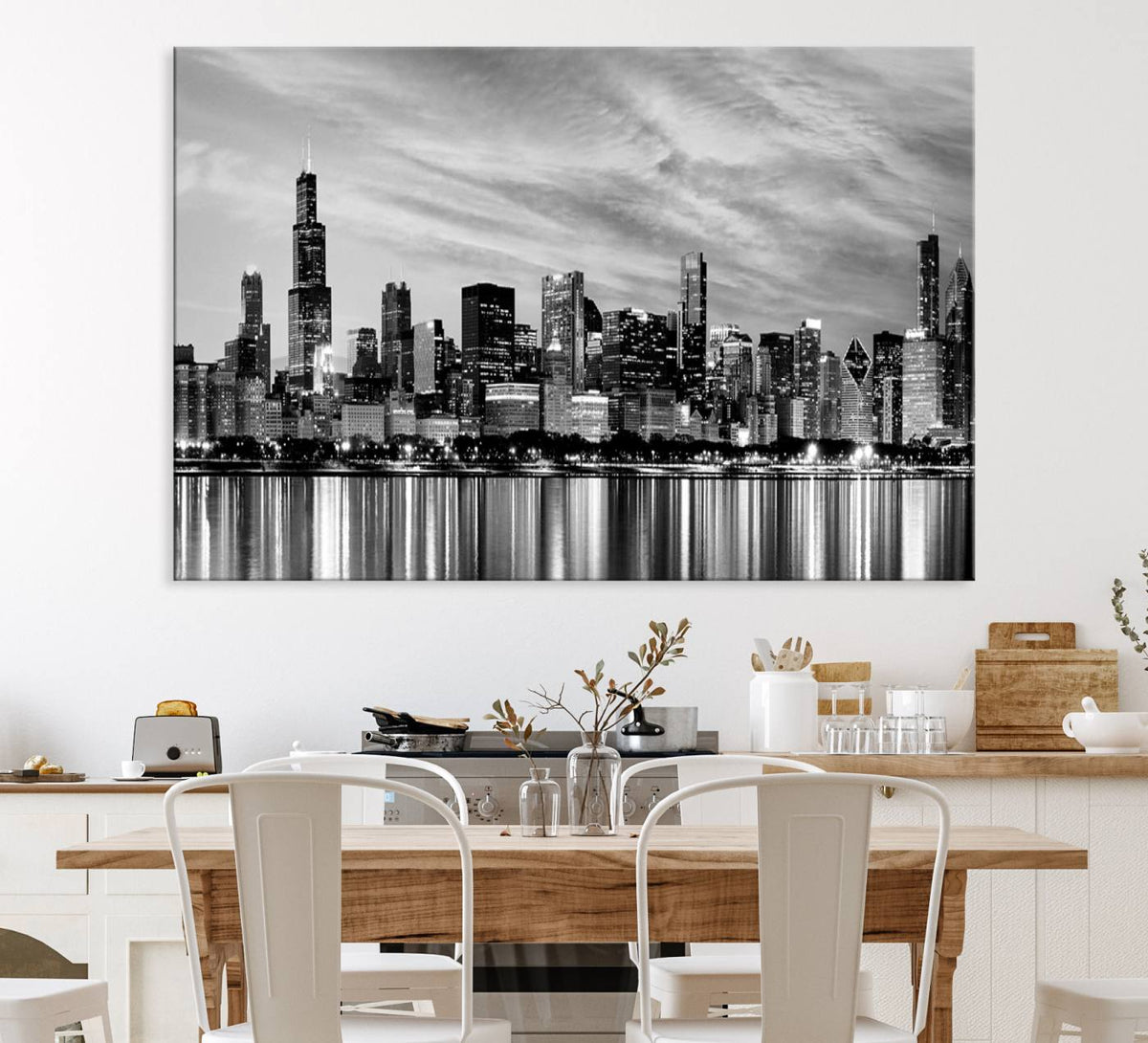 Chicago City Cloudy Skyline Black and White Wall Art