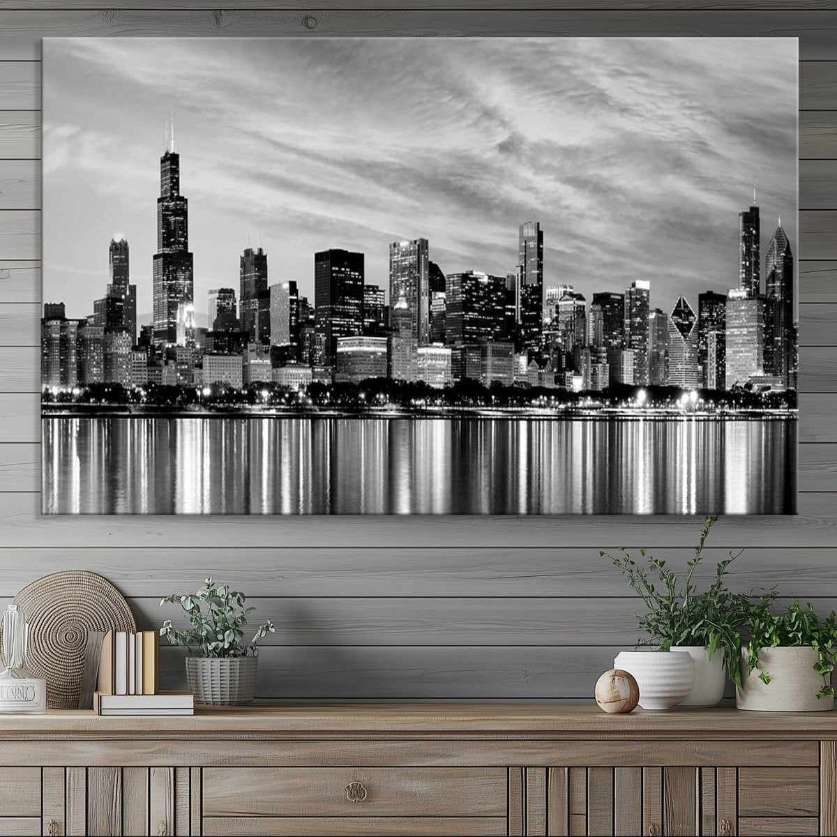 Chicago City Cloudy Skyline Black and White Wall Art