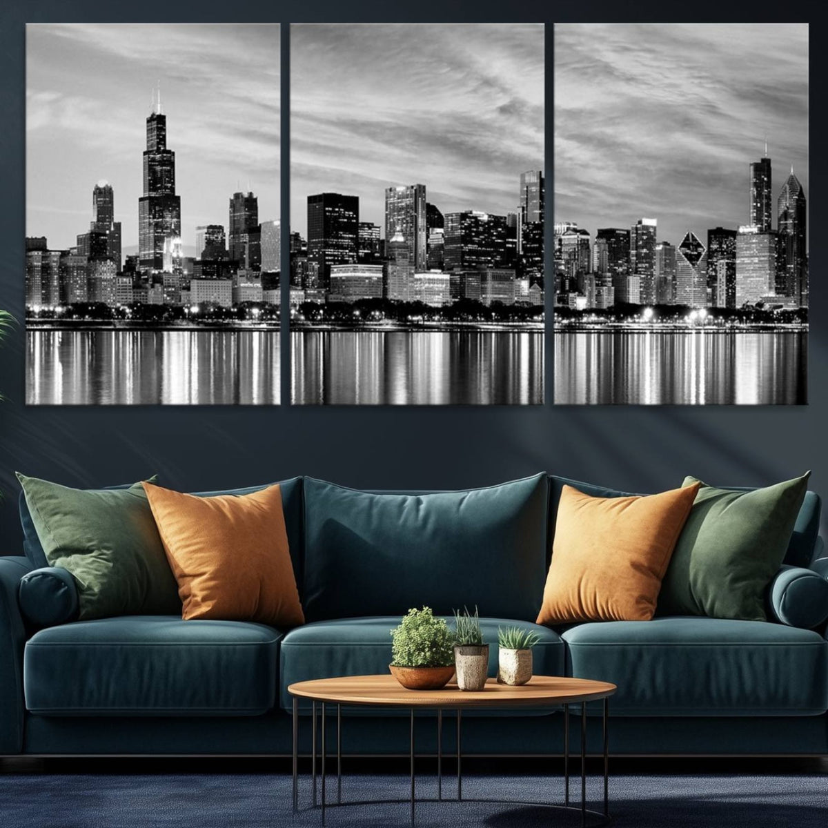 Chicago City Cloudy Skyline Black and White Wall Art
