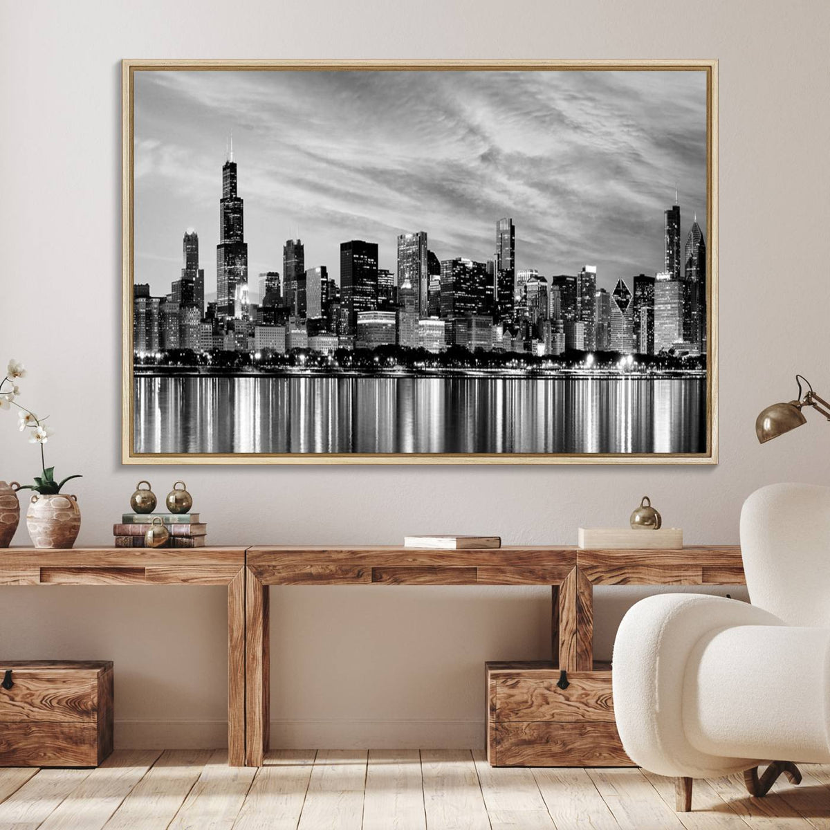 Chicago City Cloudy Skyline Black and White Wall Art