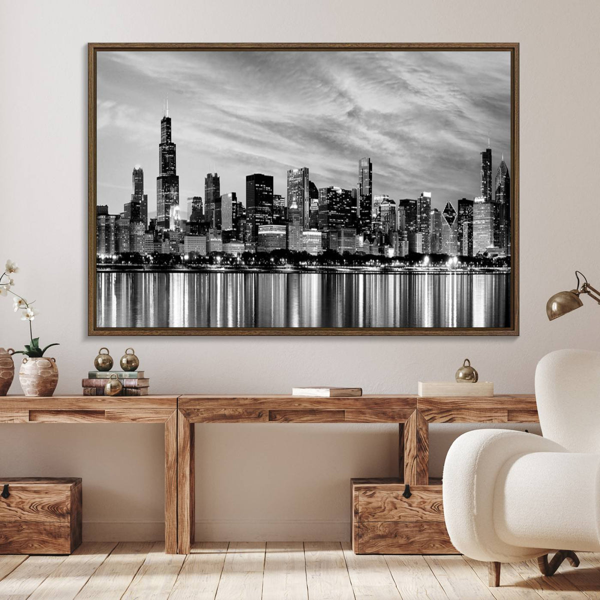 Chicago City Cloudy Skyline Black and White Wall Art