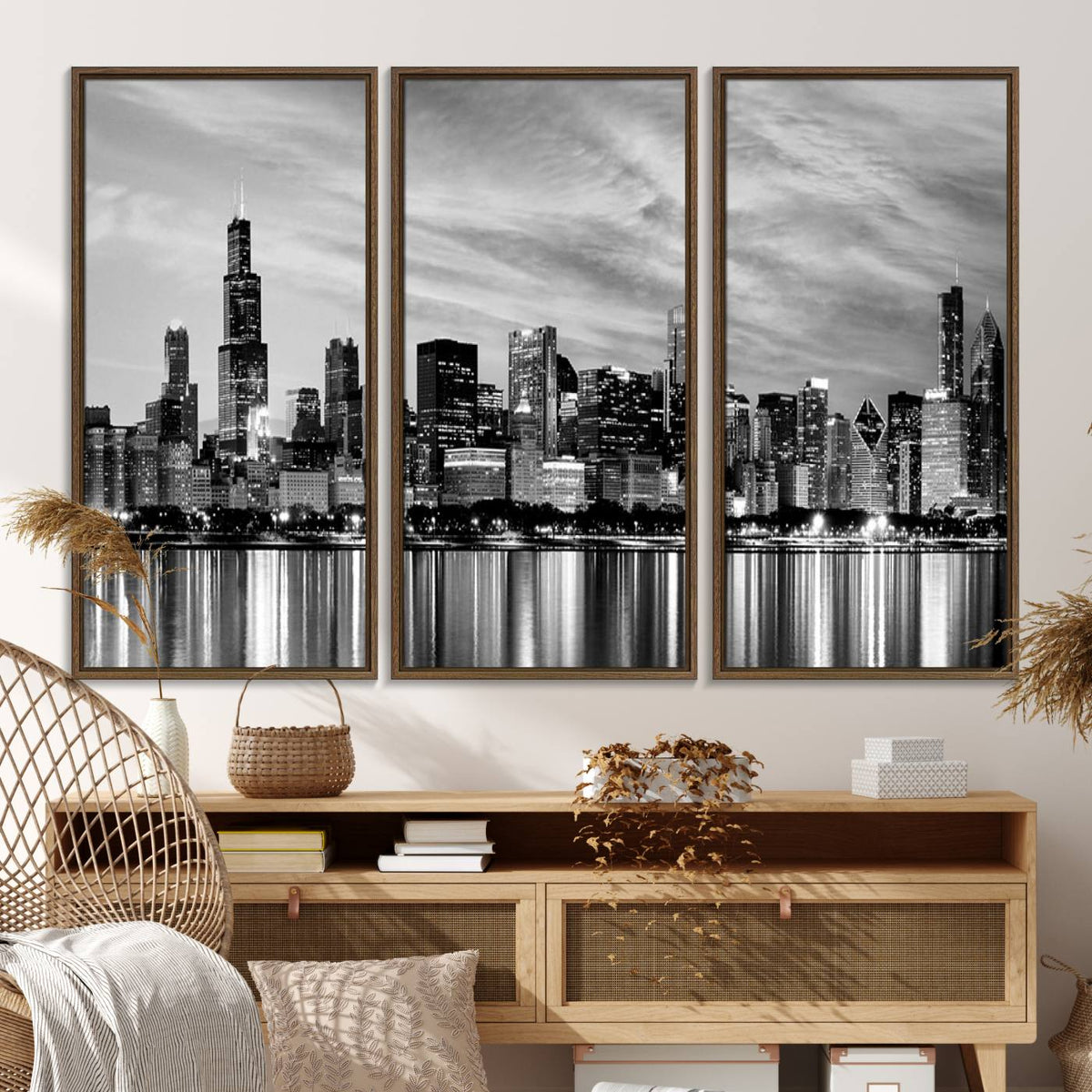 Chicago City Cloudy Skyline Black and White Wall Art