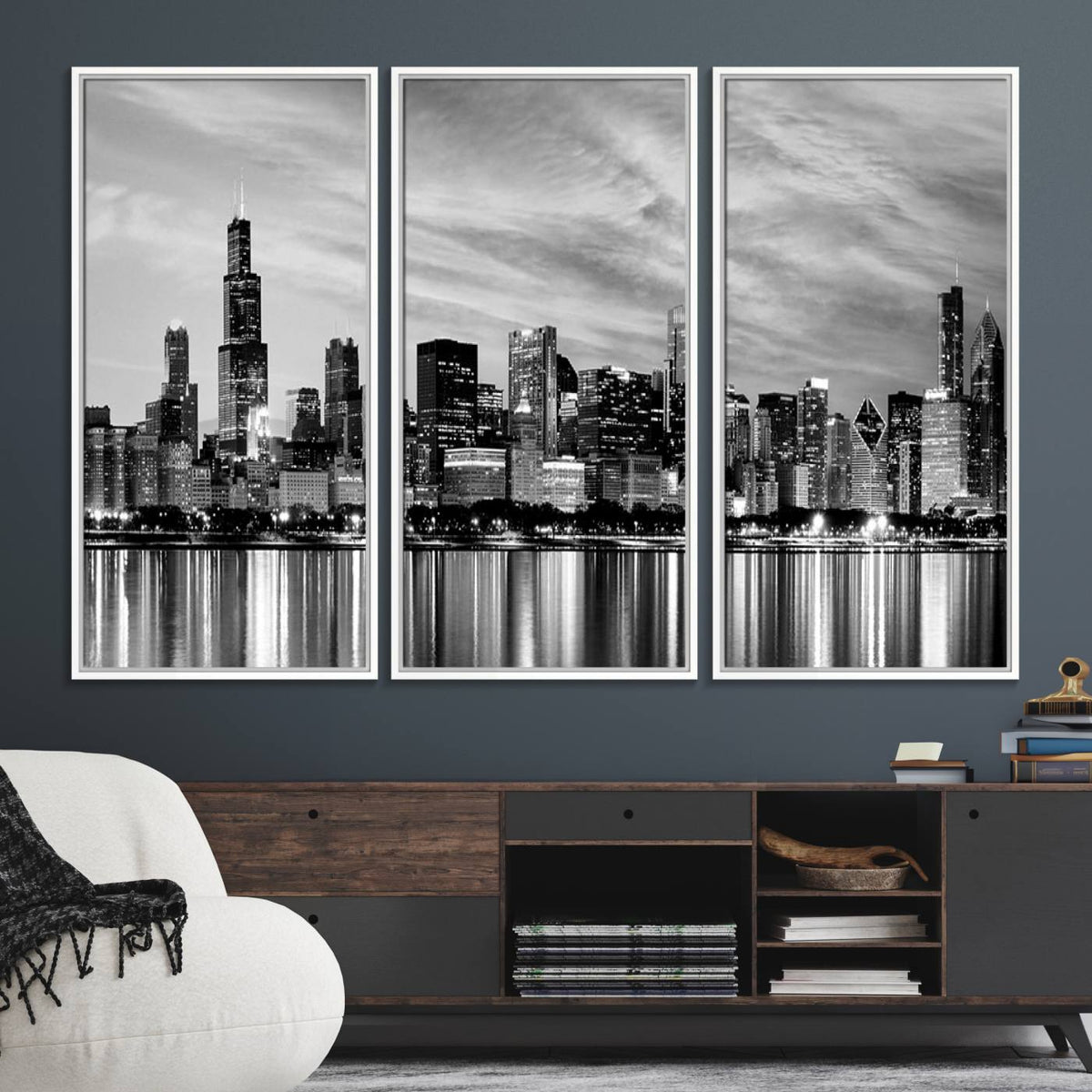 Chicago City Cloudy Skyline Black and White Wall Art