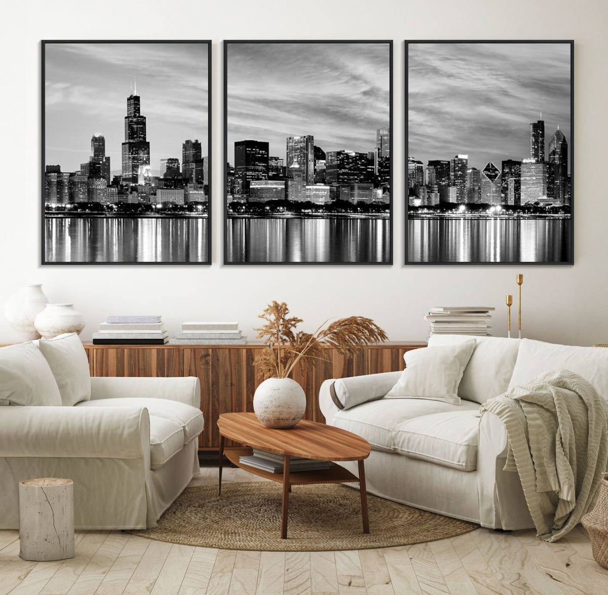 Chicago City Cloudy Skyline Black and White Wall Art