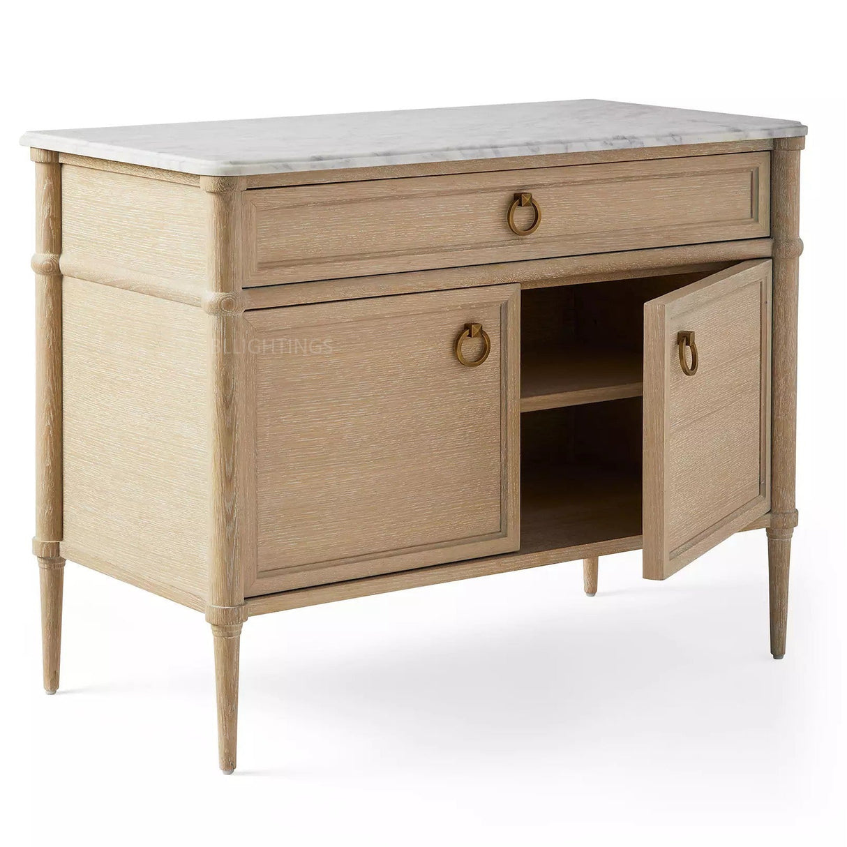 36" Oak Veneer Sideboard with Carrara Marble Top & Brass Pulls