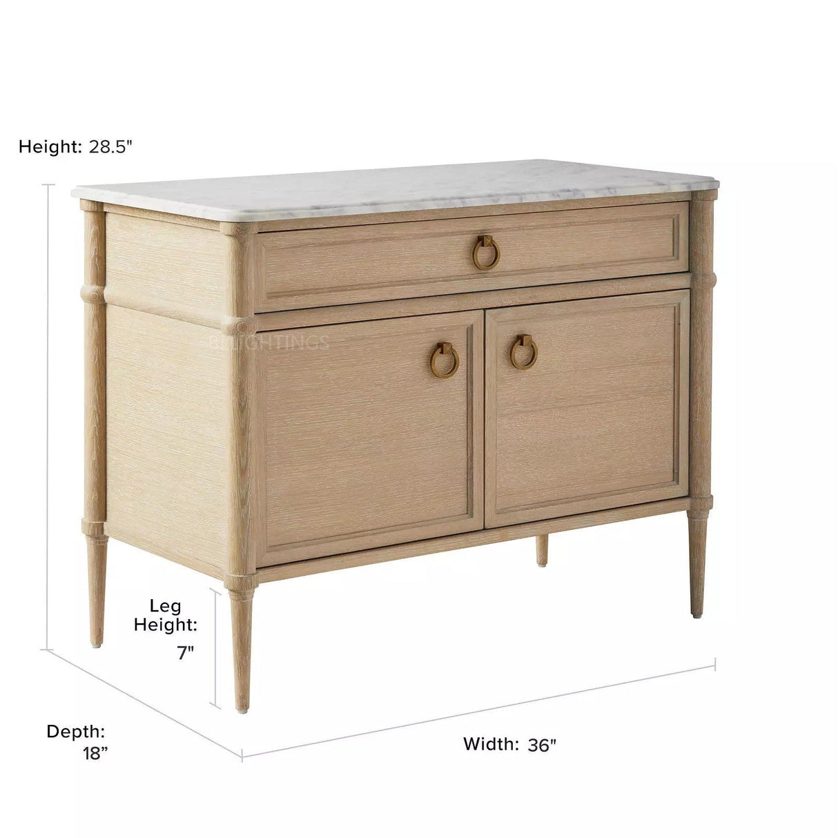 36" Oak Veneer Sideboard with Carrara Marble Top & Brass Pulls