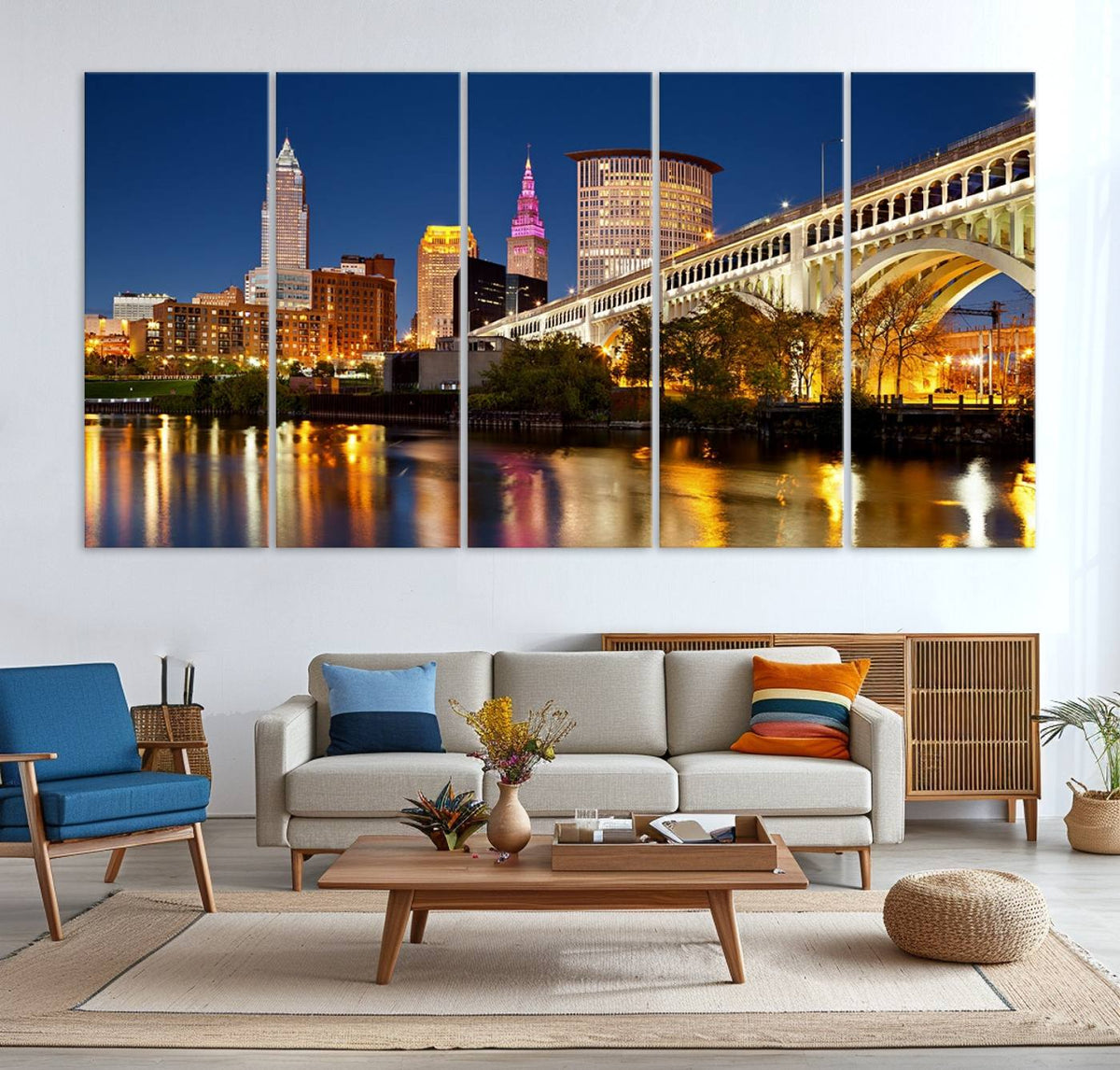 Cleveland City Lights Night Skyline Cityscape View Wall Art