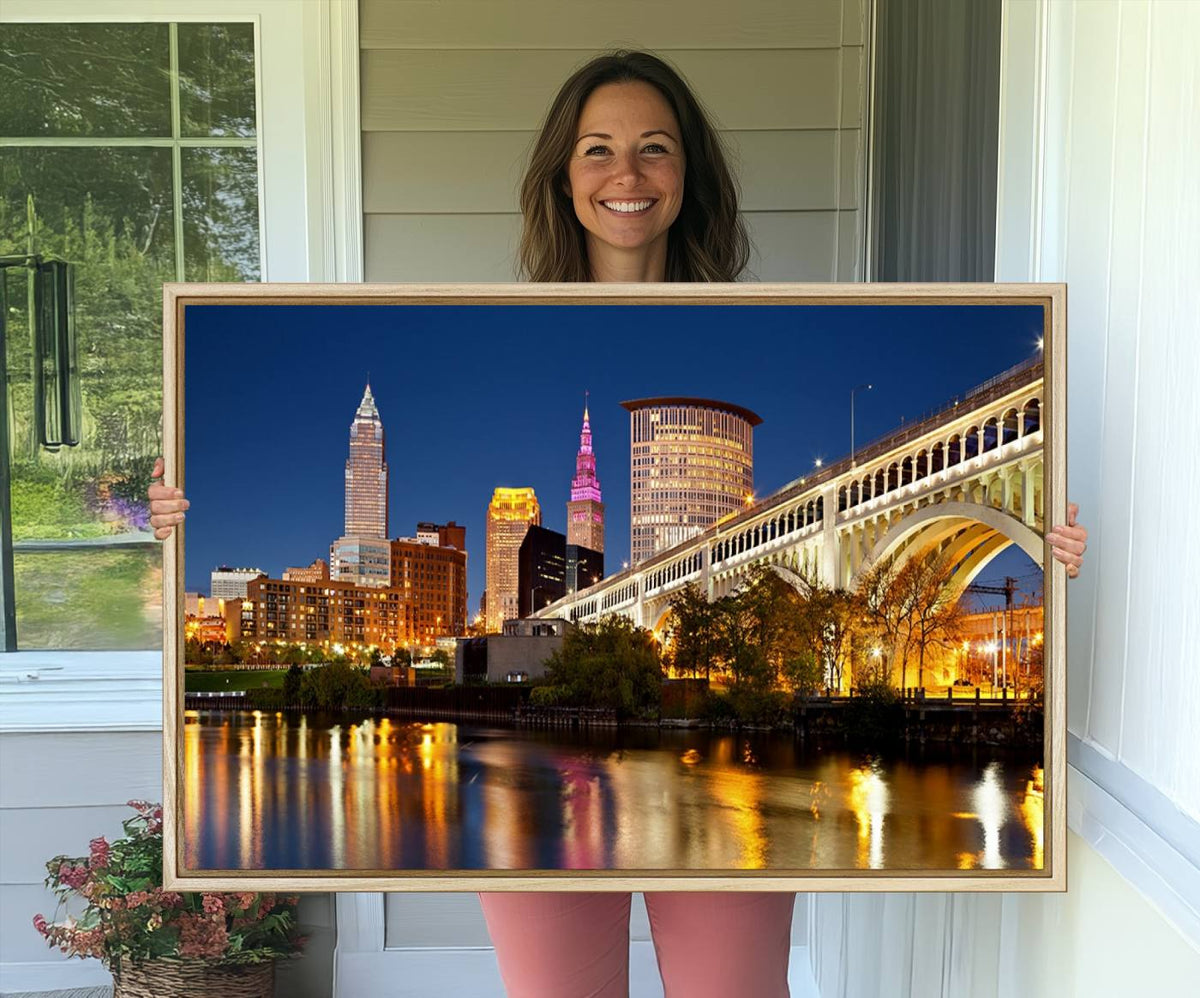 Cleveland City Lights Night Skyline Cityscape View Wall Art