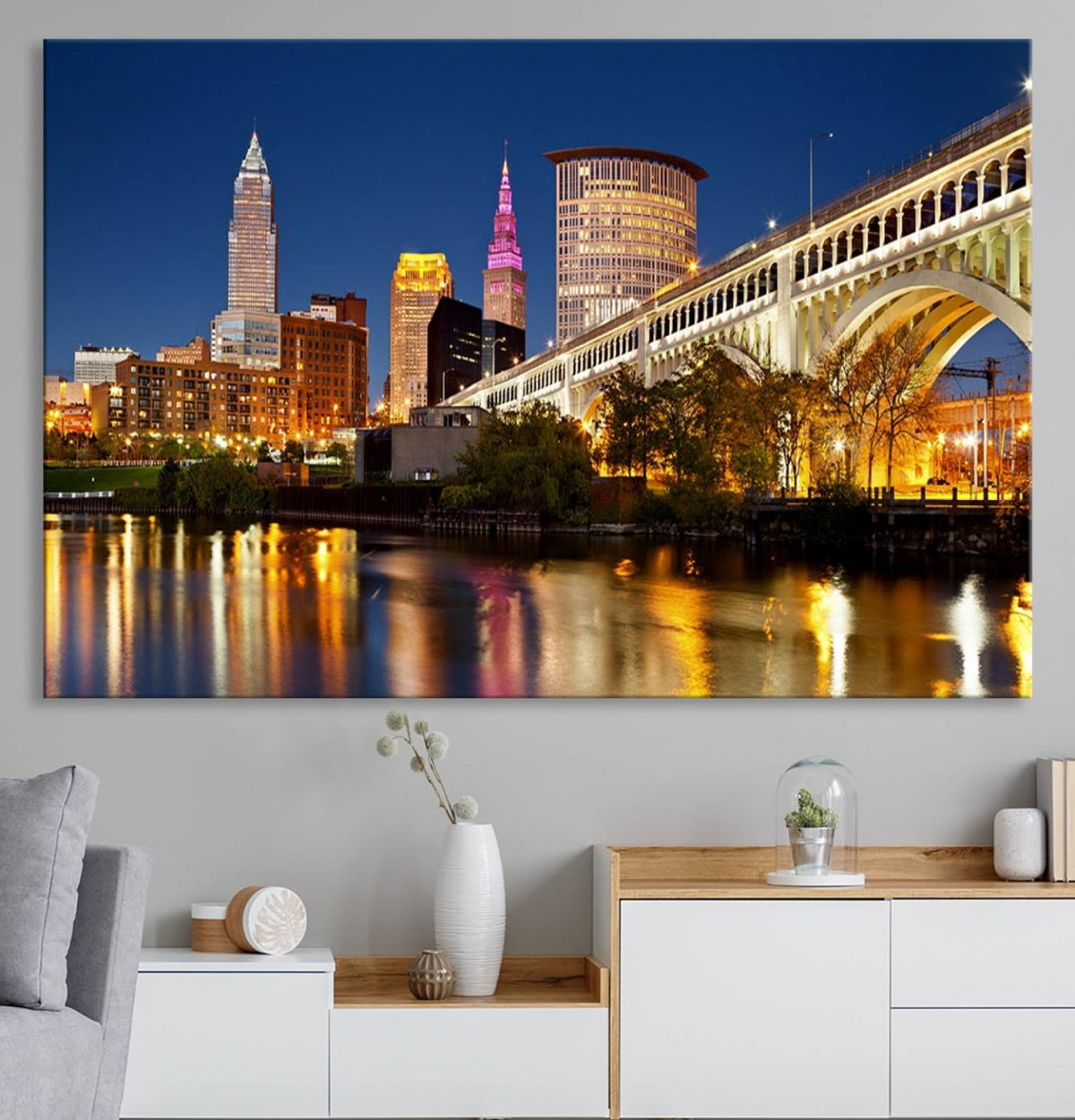 Cleveland City Lights Night Skyline Cityscape View Wall Art
