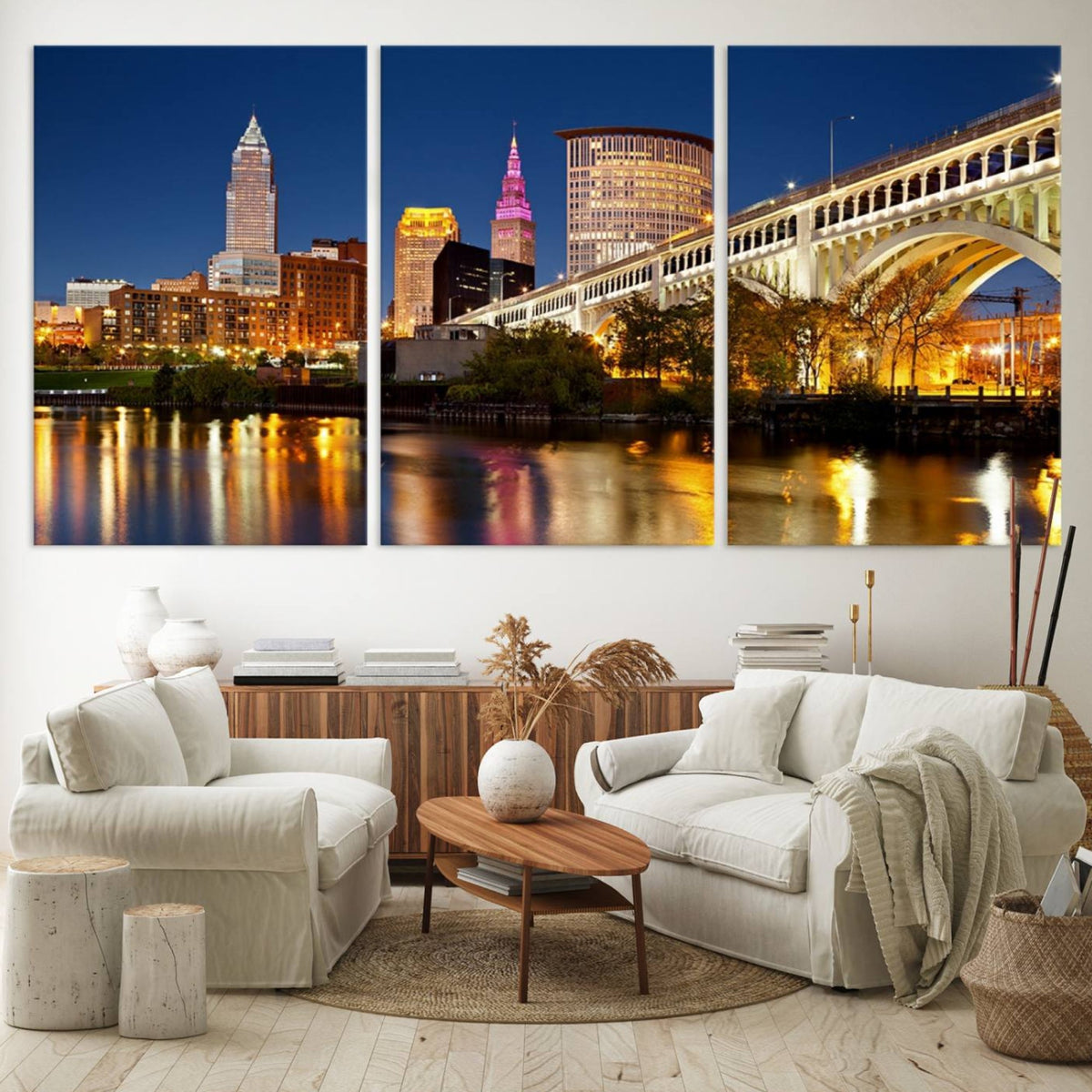 Cleveland City Lights Night Skyline Cityscape View Wall Art