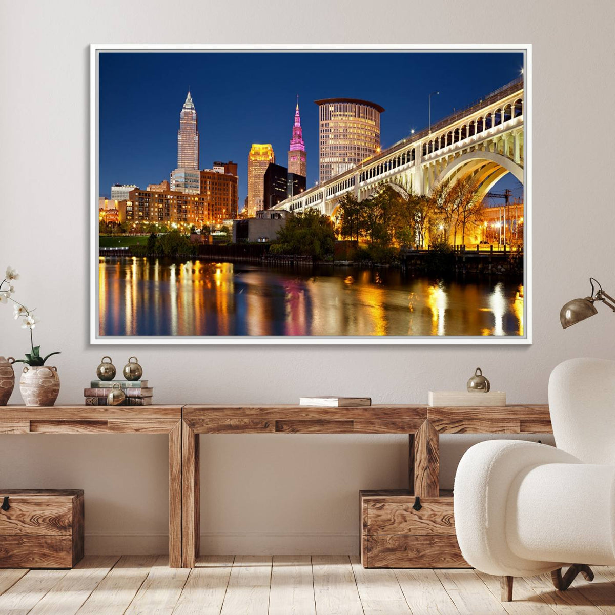 Cleveland City Lights Night Skyline Cityscape View Wall Art