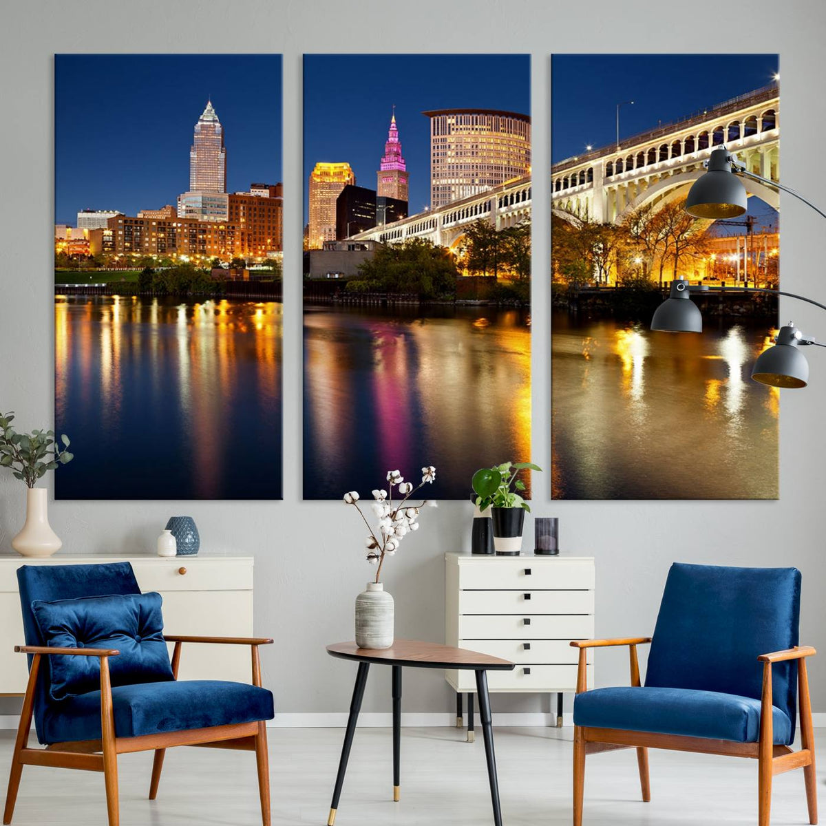 Cleveland Night Skyline Wall Art, City Cityscape Canvas