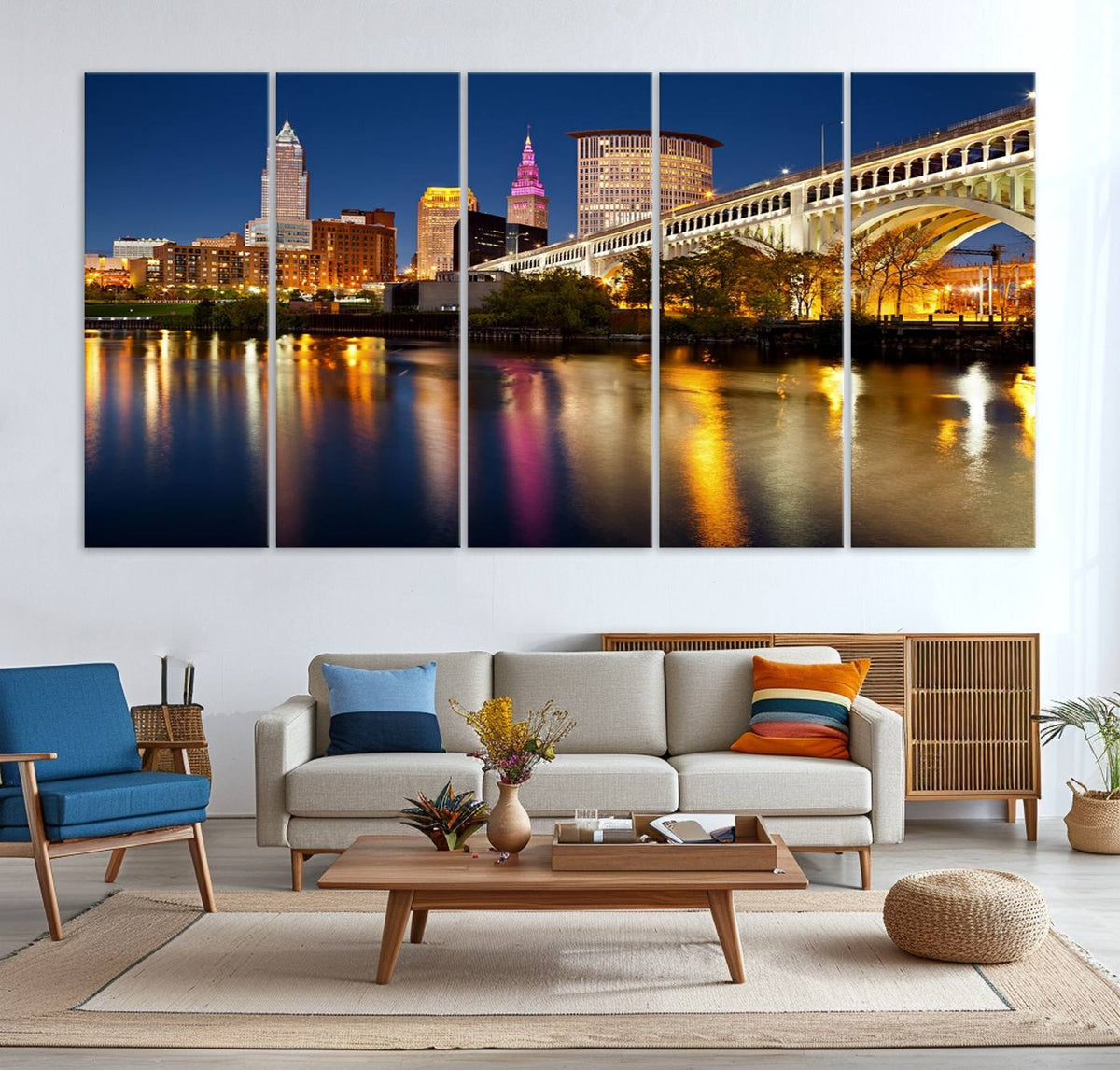Cleveland Night Skyline Wall Art, City Cityscape Canvas