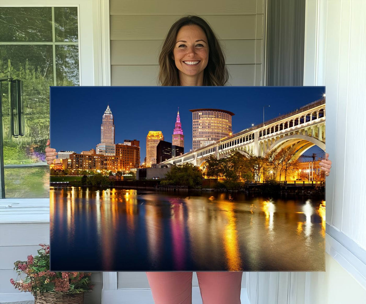 Cleveland Night Skyline Wall Art, City Cityscape Canvas