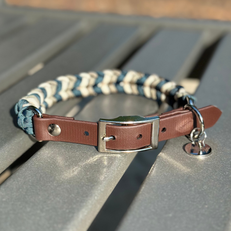 Coiled Charm Hand Braided Dog Collar in Navy, Tan, & Cream