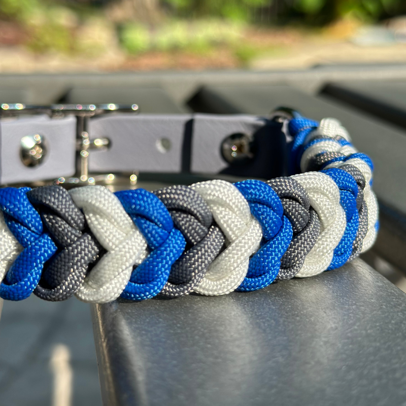 Coiled Charm Hand Braided Dog Collar in Royal Blue, Graphite, & White