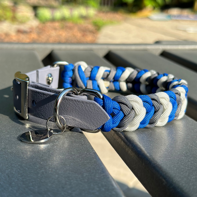 Coiled Charm Hand Braided Dog Collar in Royal Blue, Graphite, & White