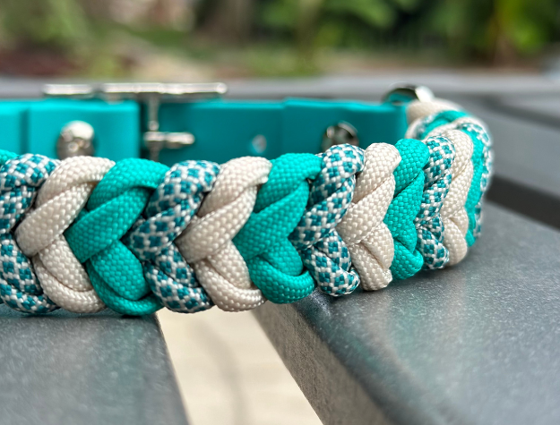 Coiled Charm Hand Braided Dog Collar in Teal, Cream, & Teal Diamonds