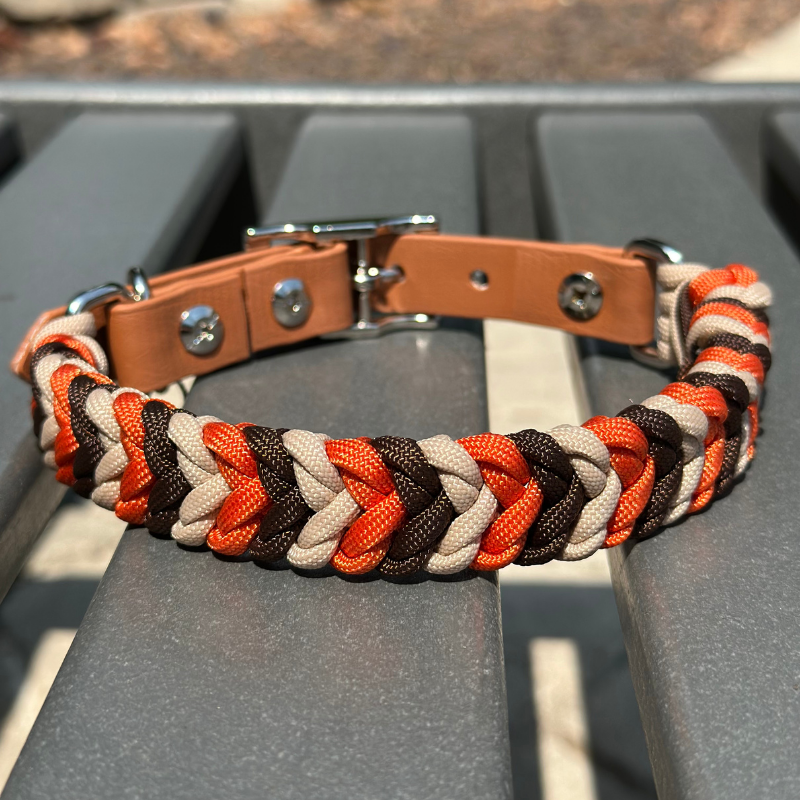 Coiled Charm Hand Braided Dog Collar in Burnt Orange, Walnut Brown, & Light Tan