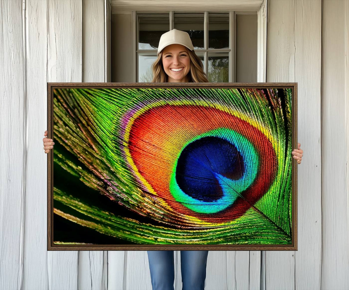 Colorful Peacock Feather Wall Art Print - Vibrant Green,