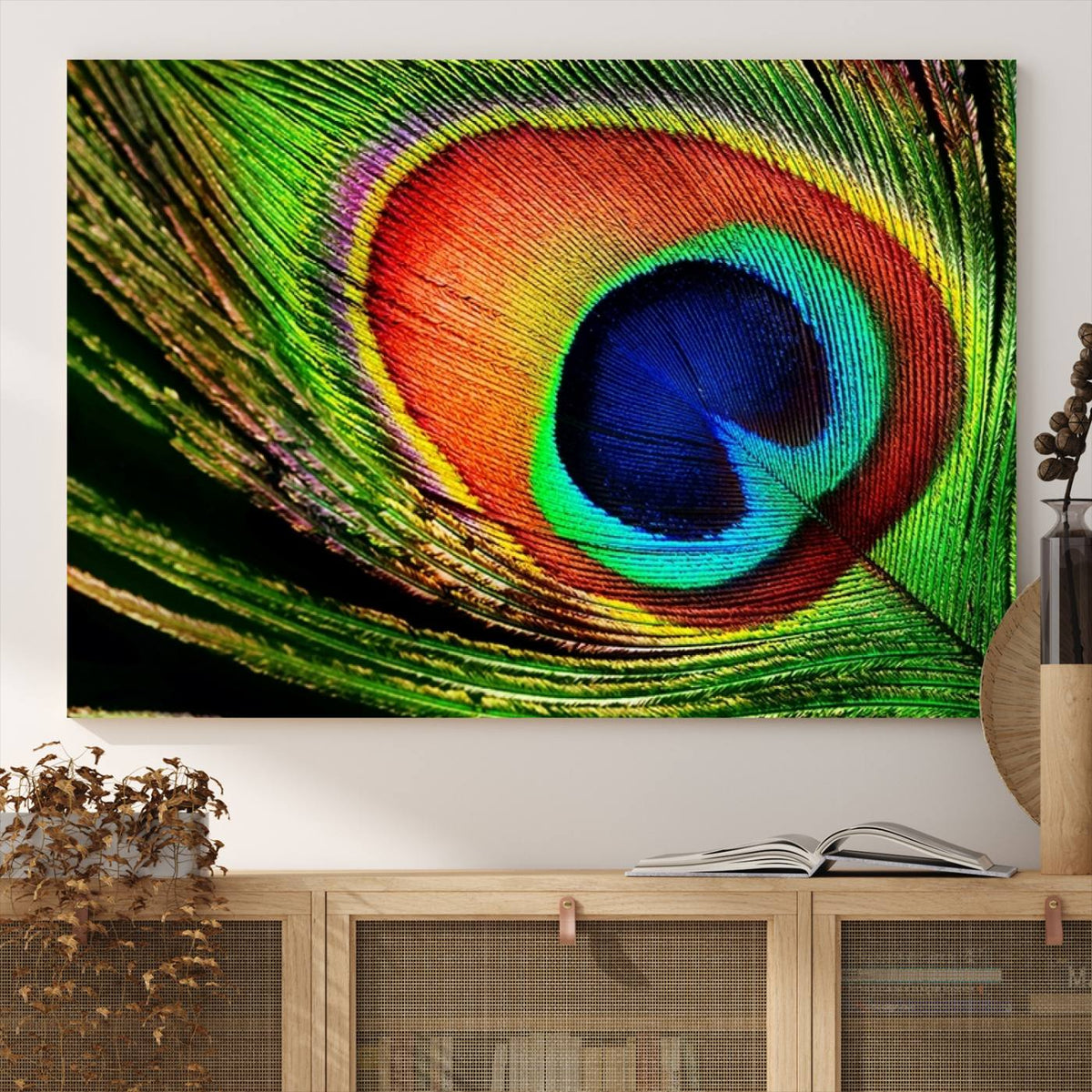 Colorful Peacock Feather Wall Art Print - Vibrant Green,