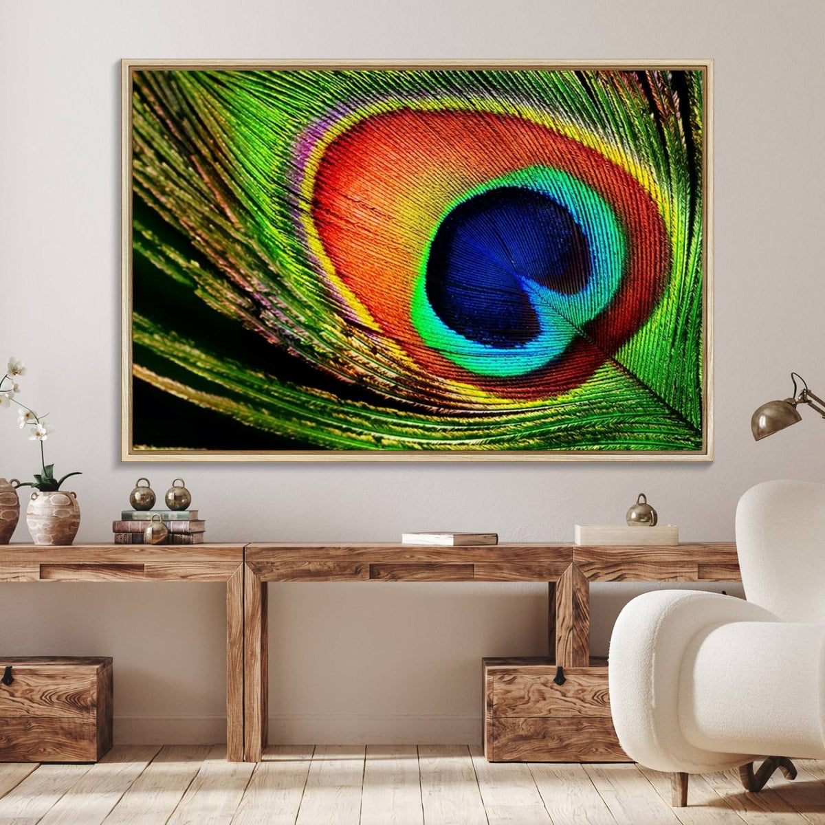 Colorful Peacock Feather Wall Art Print - Vibrant Green,