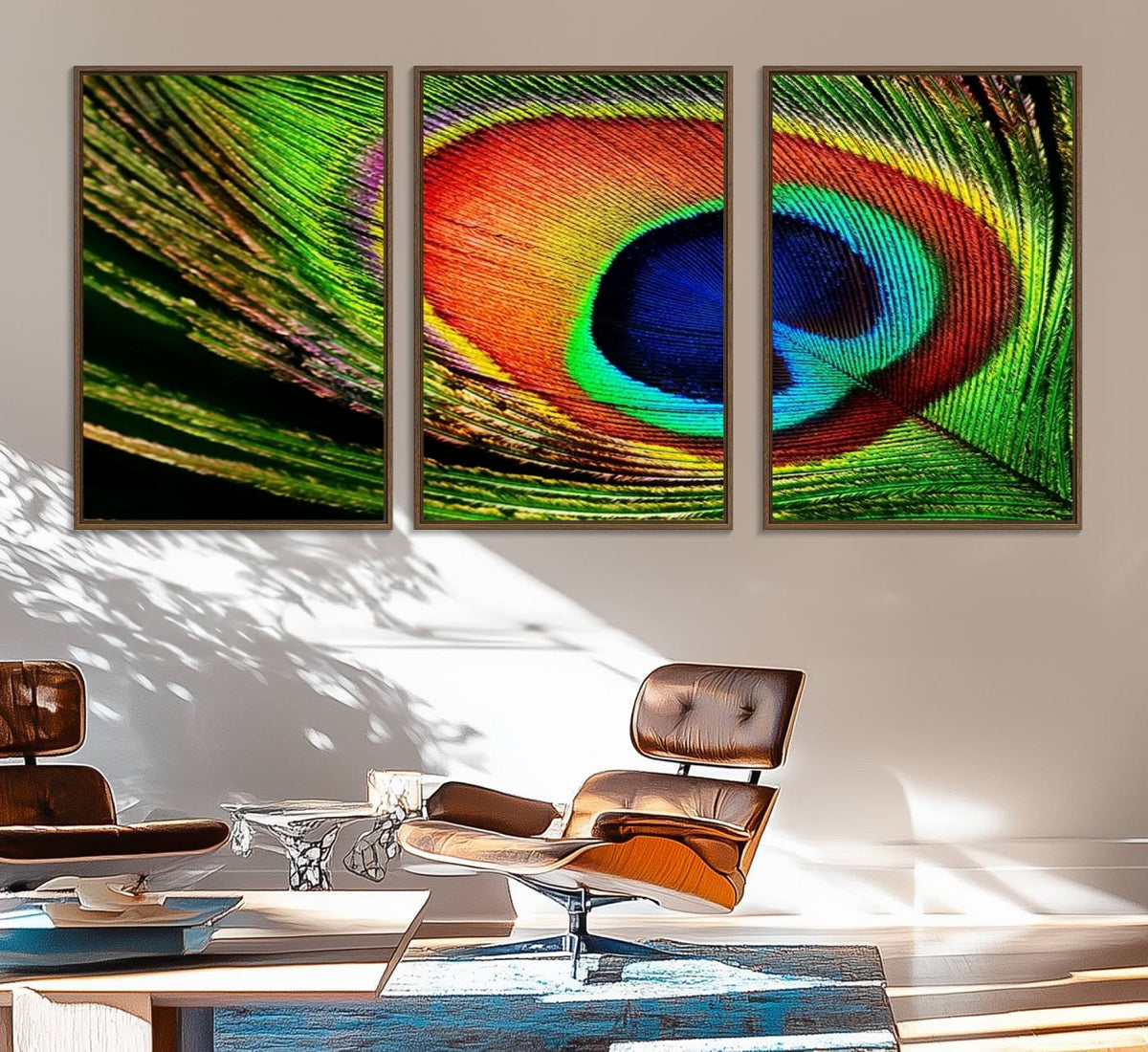 Colorful Peacock Feather Wall Art Print - Vibrant Green,