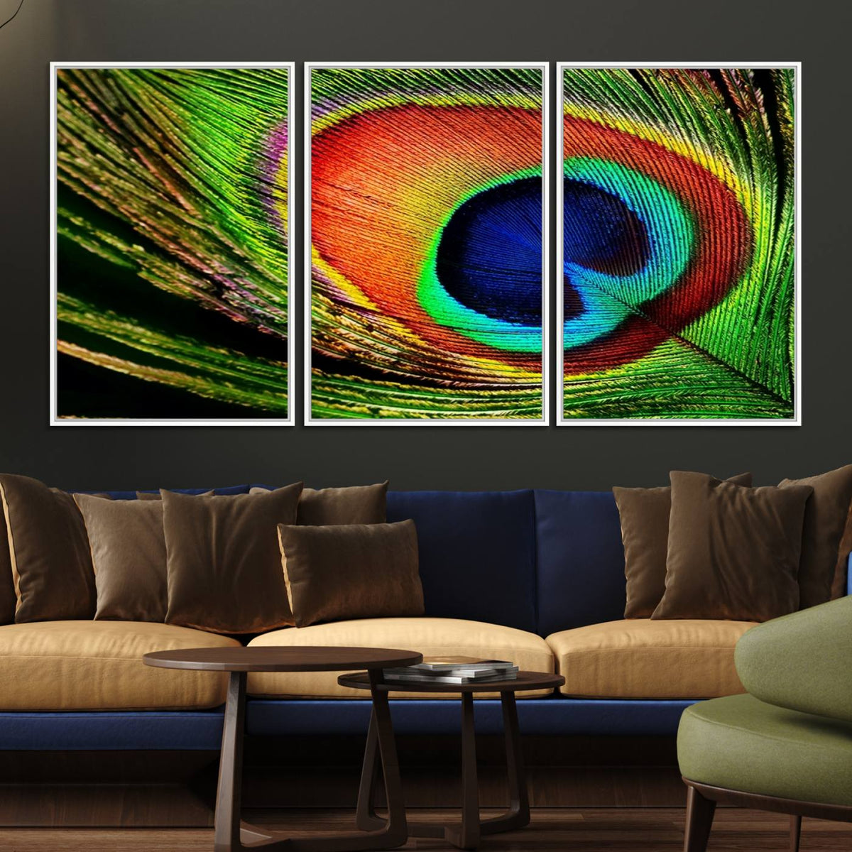 Colorful Peacock Feather Wall Art Print - Vibrant Green,