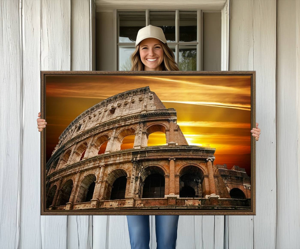 Colosseum with Yellow Sunset Behind Canvas Wall Art, Italy