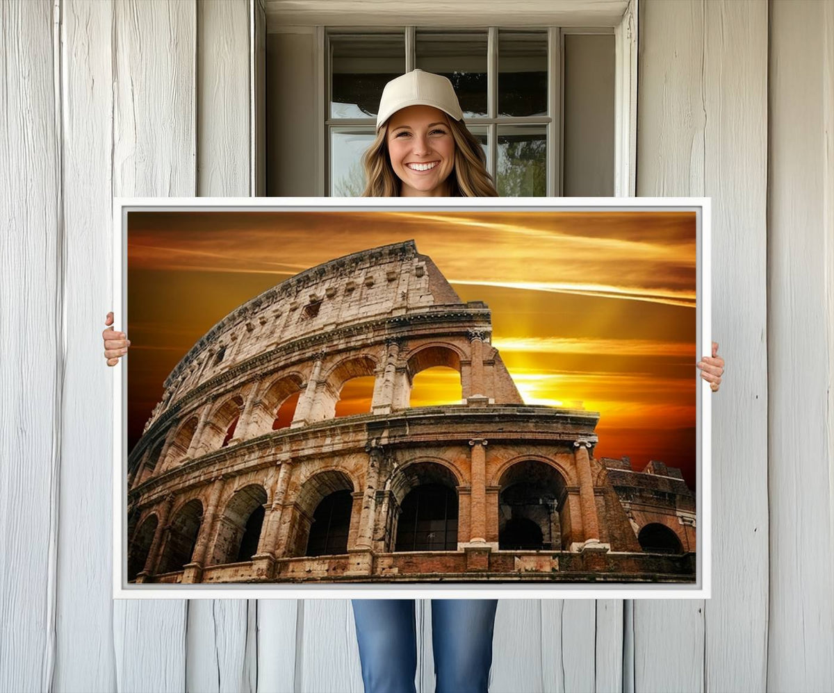 Colosseum with Yellow Sunset Behind Canvas Wall Art, Italy