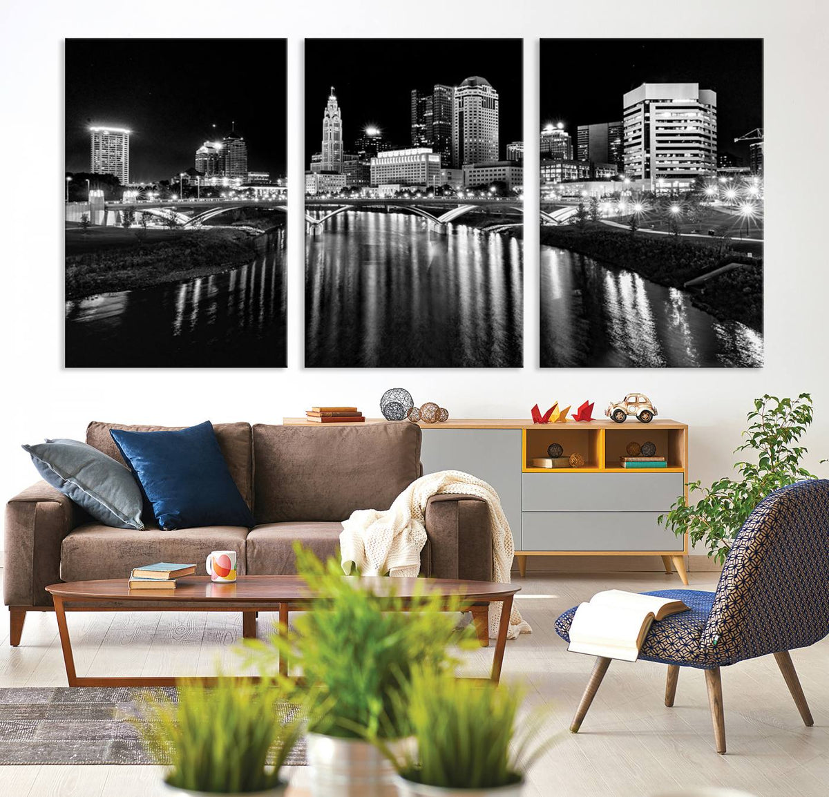 Columbus City Lights Skyline Black and White Wall Art