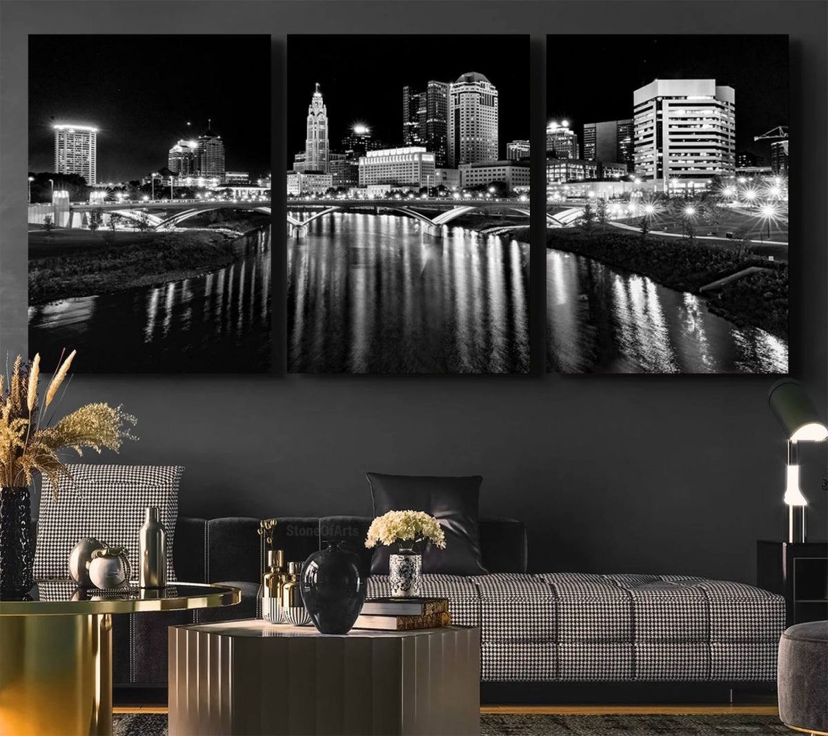 Columbus City Lights Skyline Black and White Wall Art