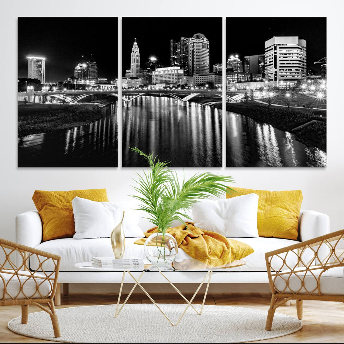 Columbus City Lights Skyline Black and White Wall Art