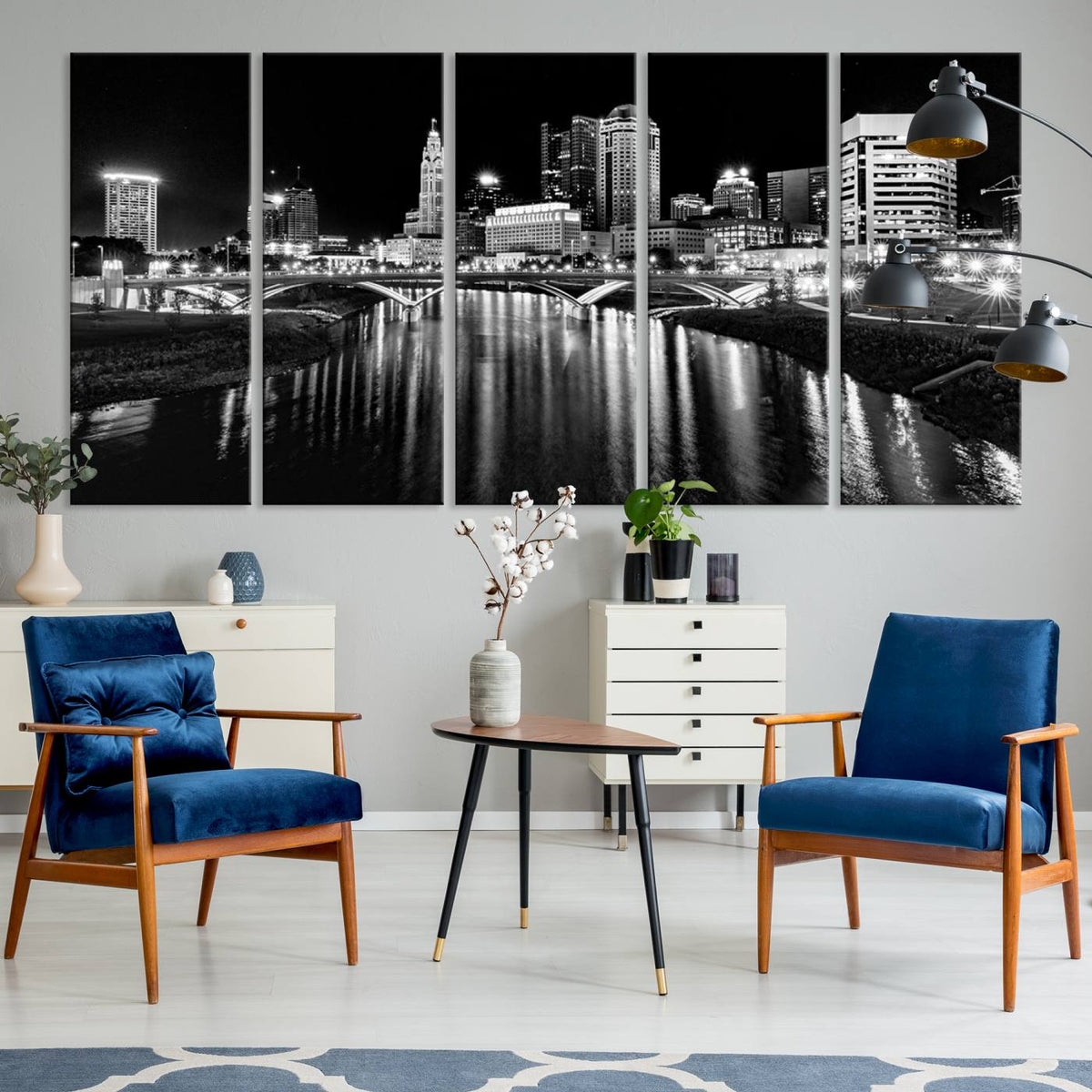 Columbus City Lights Skyline Black and White Wall Art