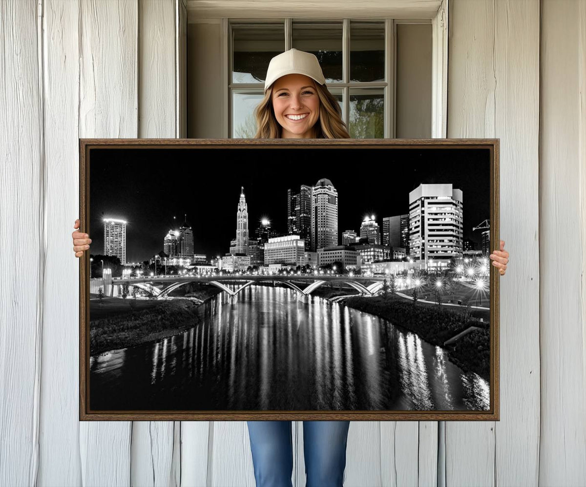 Columbus City Lights Skyline Black and White Wall Art