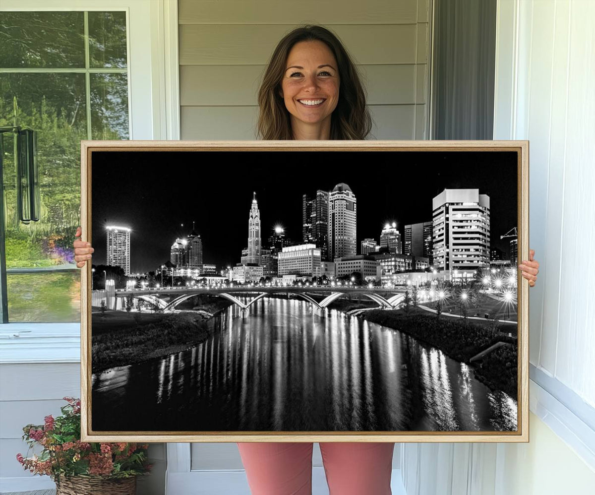 Columbus City Lights Skyline Black and White Wall Art