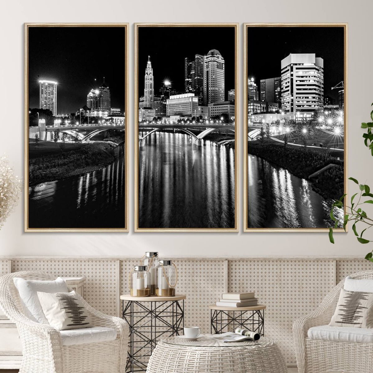 Columbus City Lights Skyline Black and White Wall Art