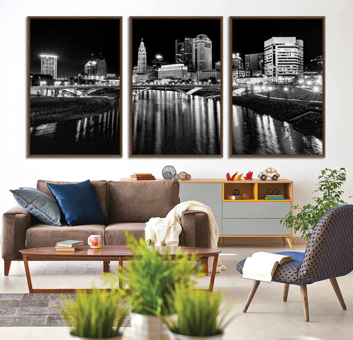 Columbus City Lights Skyline Black and White Wall Art