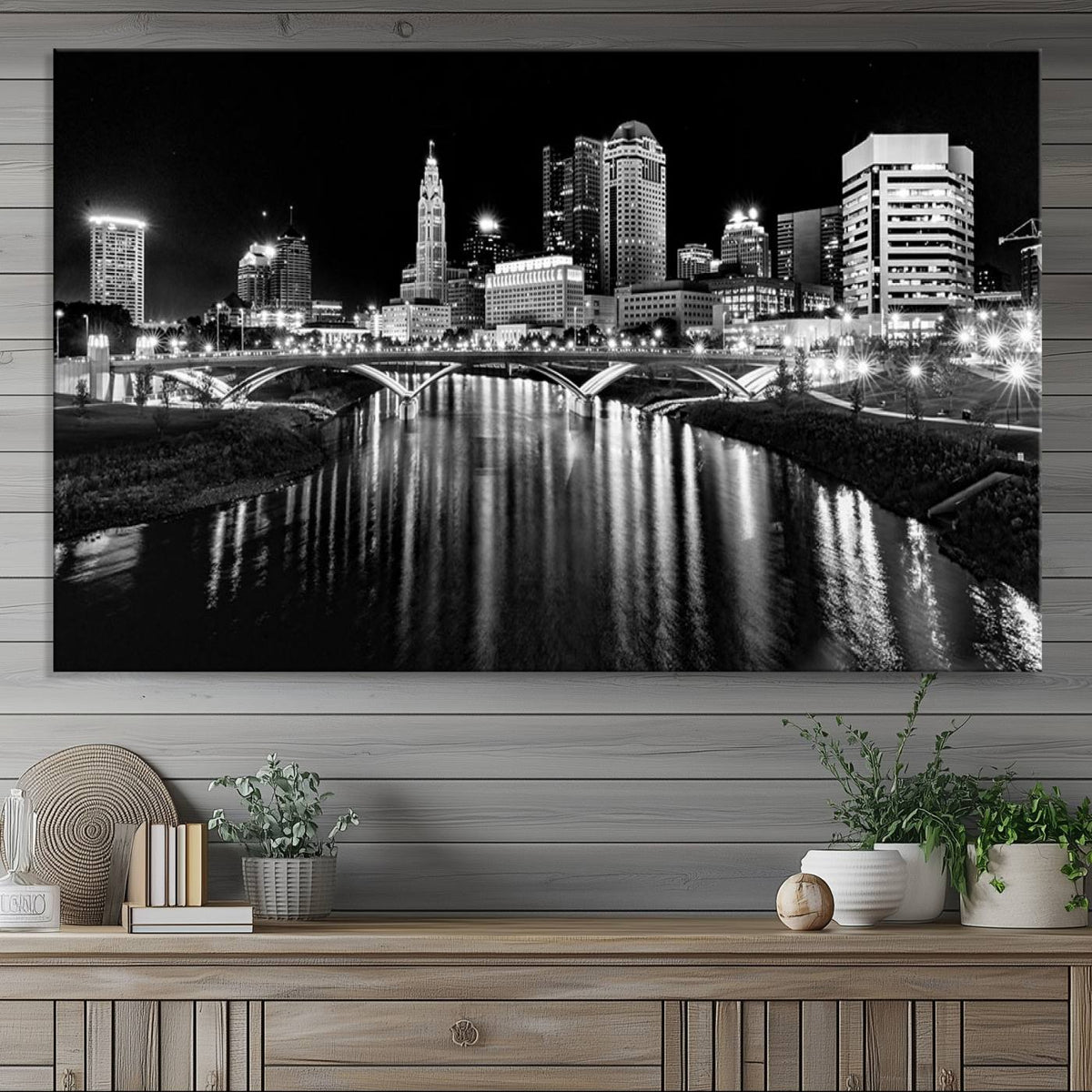 Columbus City Lights Skyline Black and White Wall Art