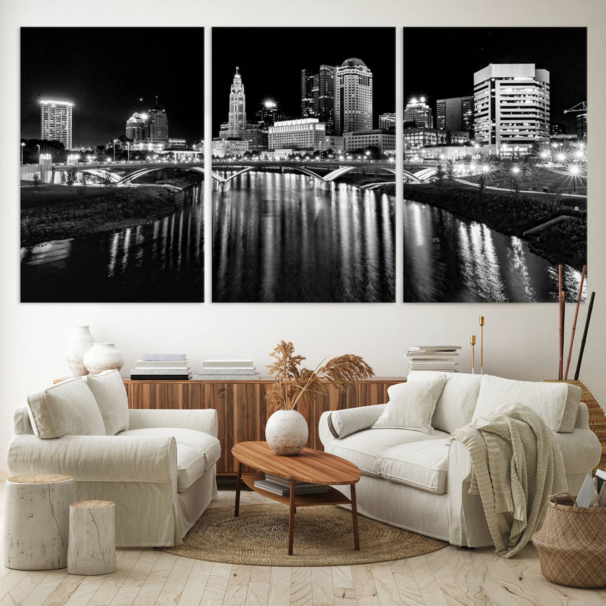 Columbus City Lights Skyline Black and White Wall Art