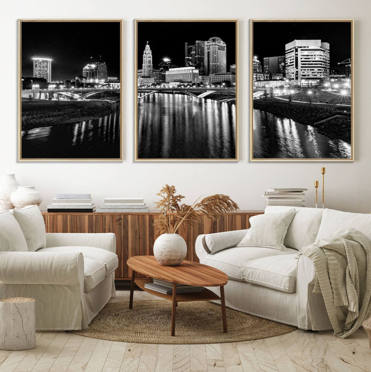 Columbus City Lights Skyline Black and White Wall Art