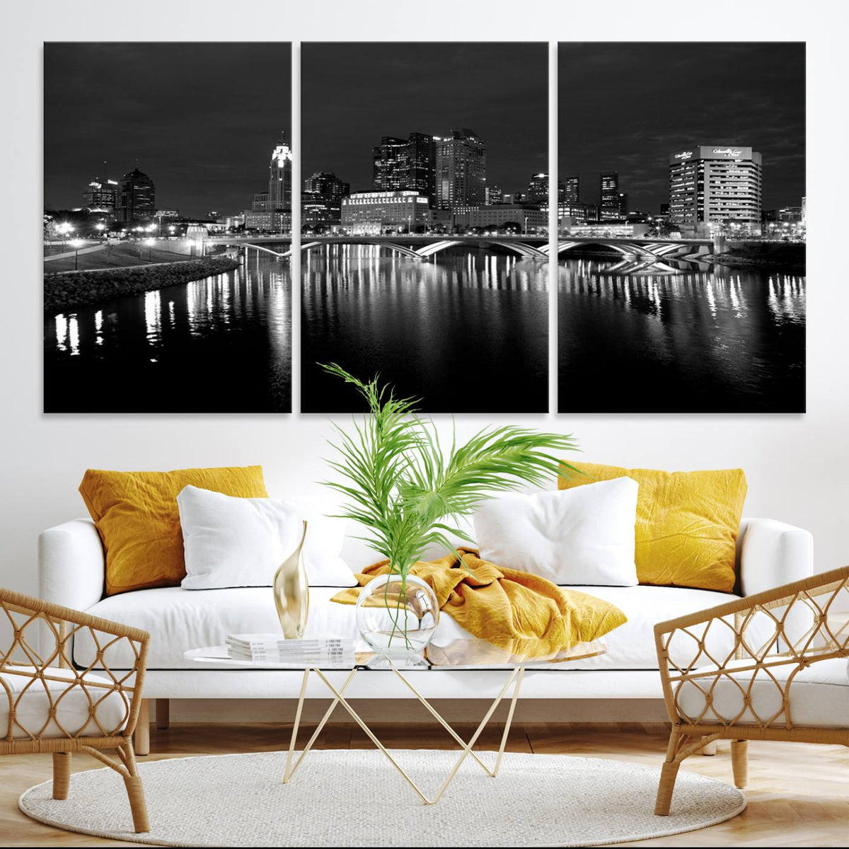 Columbus City Lights Skyline Canvas Print, Black and White