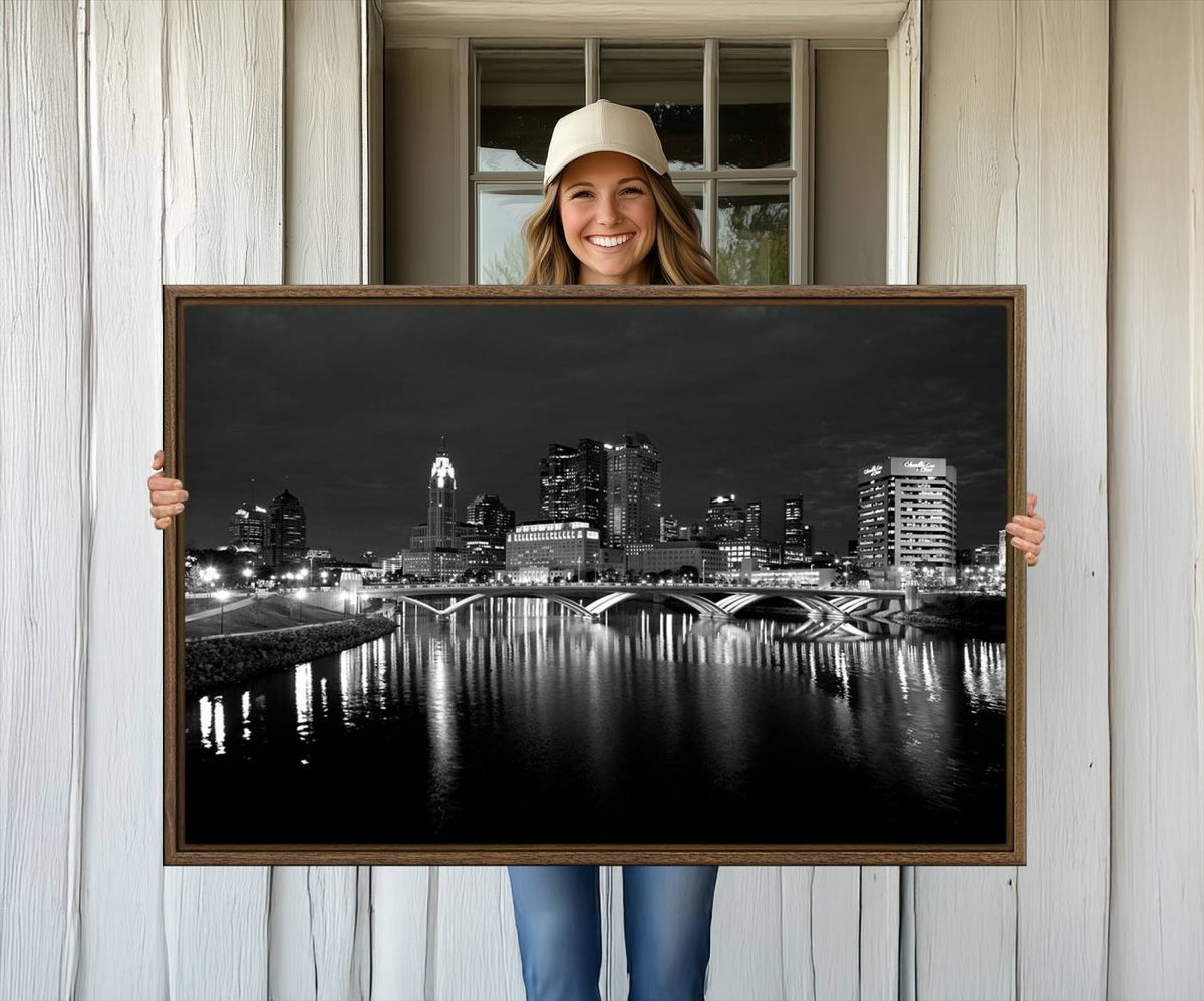 Columbus City Lights Skyline Canvas Print, Black and White