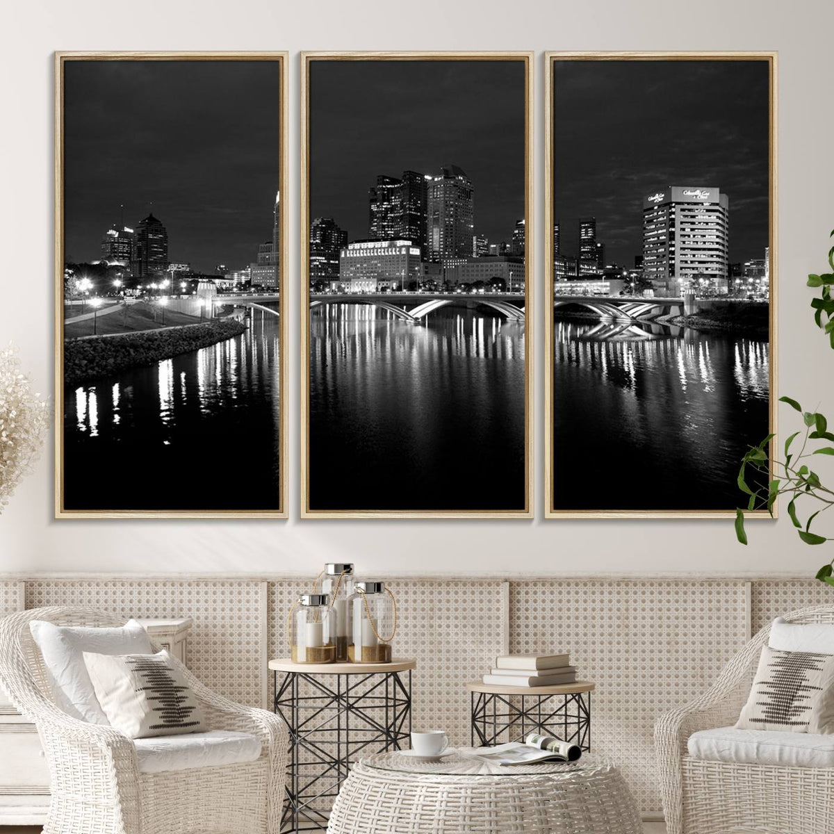 Columbus City Lights Skyline Canvas Print, Black and White