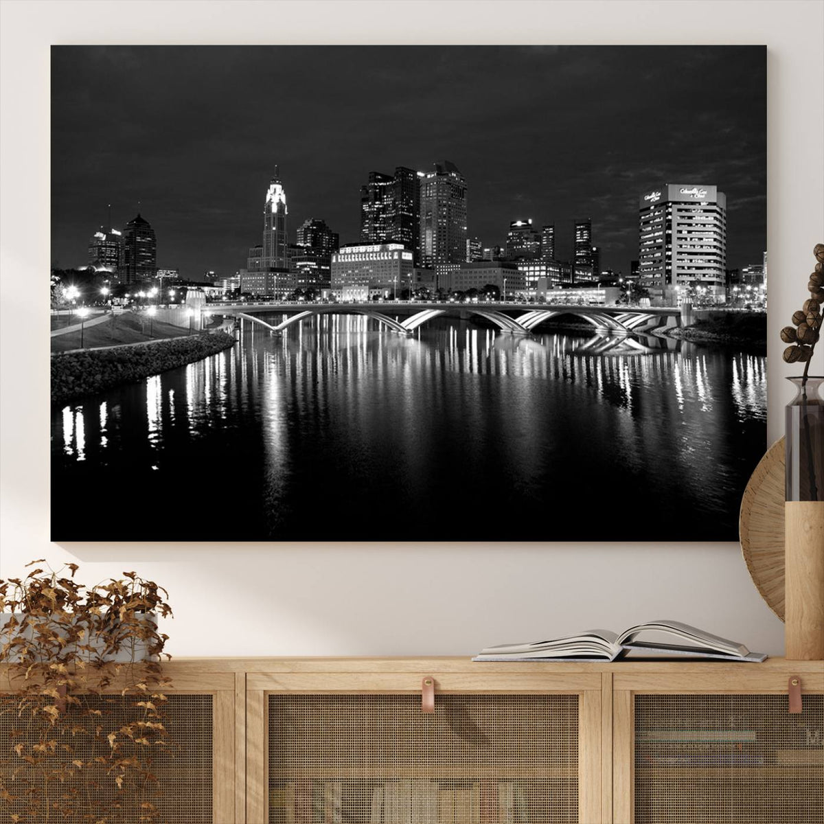 Columbus City Lights Skyline Canvas Print, Black and White
