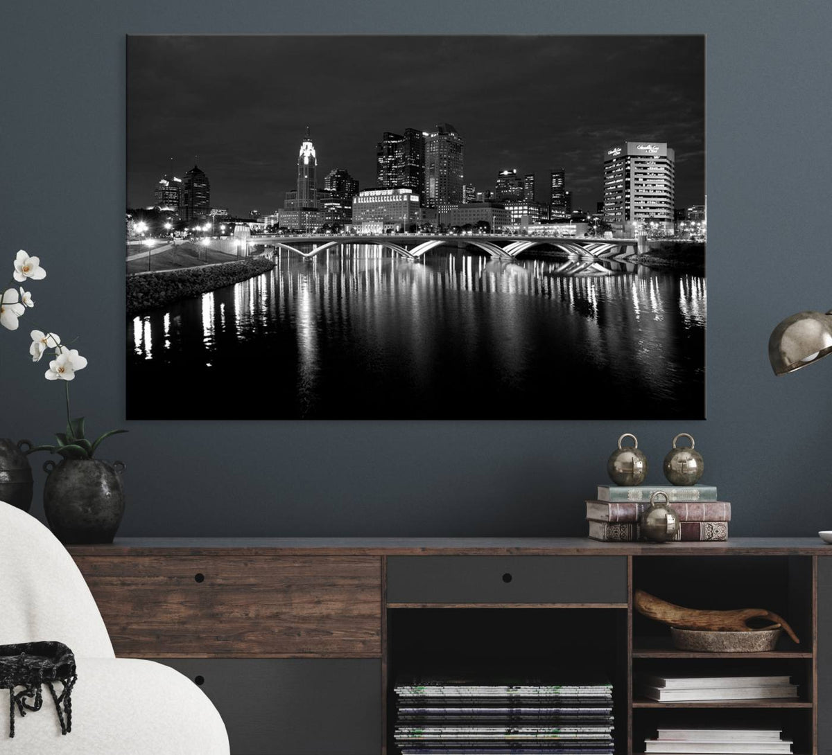 Columbus City Lights Skyline Canvas Print, Black and White