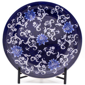Blue-Garden-Decorative-Plate-with-Stand-–-Handcrafted-Ceramic-Display-Piece-Serving-Platters
