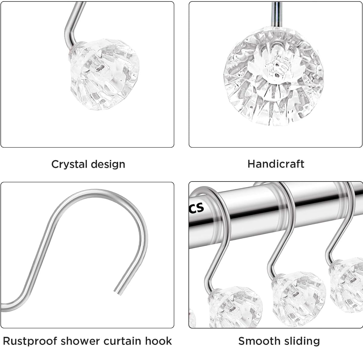 Set of 12 Rust Resistant Shower Curtain Hooks - 6 Designs